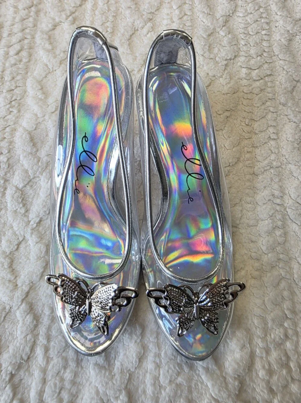 Ellie Silver Holographic Butterfly Clear Kitten Heels Size 7